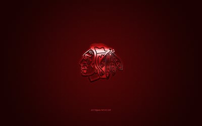 Chicago Blackhawks, Americana de h&#243;quei clube, NHL, logo vermelho, vermelho de fibra de carbono de fundo, h&#243;quei, Chicago, Illinois, EUA, Liga Nacional De H&#243;quei, Chicago Blackhawks logotipo