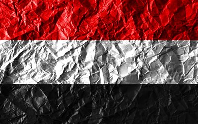 Yemen bandera, 4k, papel arrugado, los pa&#237;ses Asi&#225;ticos, creativa, Bandera de Yemen, los s&#237;mbolos nacionales, Asia, Yemen 3D de la bandera, Yemen
