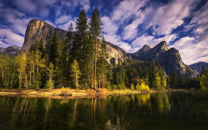 Yosemite Ulusal Parkı, akşam, dağlar, nehir, California, g&#252;zel bir doğa, USA, Amerika