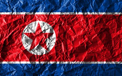 north korea-flagge, 4k, zerknittert, papier, asiatische l&#228;nder, kreativ, flagge nordkoreas, nationale symbole, asien, nord-korea 3d flag north korea