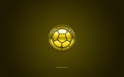 Colombia squadra nazionale di calcio, emblema, giallo logo, giallo contesto in fibra di carbonio, Colombia, squadra di calcio di logo, calcio