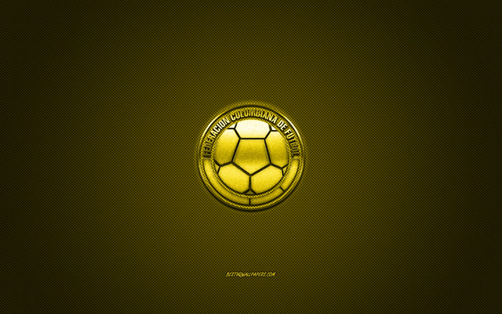 kolumbien national football-team, emblem, gelb-logo, gelb carbon fiber hintergrund, kolumbien-fu&#223;ball-team-logo, fu&#223;ball, kolumbien