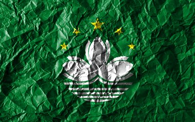 Macau bandeira, 4k, papel amassado, Pa&#237;ses asi&#225;ticos, criativo, Pavilh&#227;o de Macau, s&#237;mbolos nacionais, &#193;sia, Macau 3D bandeira, Macau