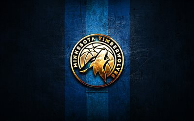 Minnesota Timberwolves, golden logo, NBA, blue metal background, american basketball club, Minnesota Timberwolves logo, basketball, USA