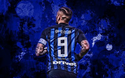 Mauro Icardi, back view, blue paint splashes, Inter Milan FC, grunge art, Serie A, Italy, argentinean footballers, Mauro Emanuel Icardi, soccer, football, Internazionale