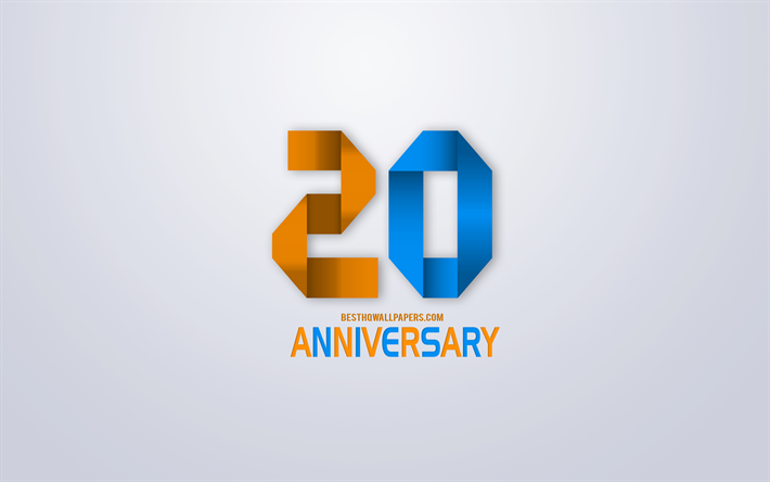 20 Aniversario de signo, origami aniversario s&#237;mbolos, naranja azul origami d&#237;gitos, fondo Blanco, origami n&#250;meros, 20 Aniversario, arte creativo, de 20 A&#241;os de Aniversario