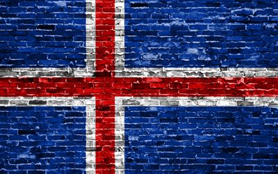 İzlanda, brickwall, 3D bayrak, Avrupa &#252;lkelerinin 4k, İzlanda bayrak, tuğla doku, Avrupa, ulusal semboller, Bayrak