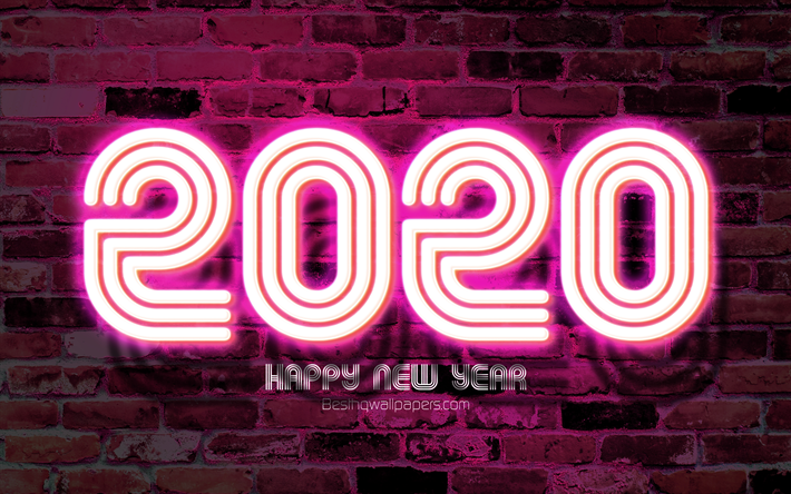 2020 lila neon siffror, 4k, Gott Nytt &#197;r 2020, lila brickwall, 2020 neon art, 2020 begrepp, lila neon siffror, 2020 p&#229; lila bakgrund, 2020 &#229;rs siffror