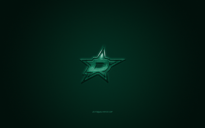 Dallas Stars, American hockey club, NHL, green logo, green carbon fiber background, hockey, Dallas, Texas, USA, National Hockey League, Dallas Stars logo