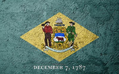 Flag of State of Delaware, concrete texture, stone background, Delaware flag, USA, Delaware State, flags on stone, Flag of Delaware