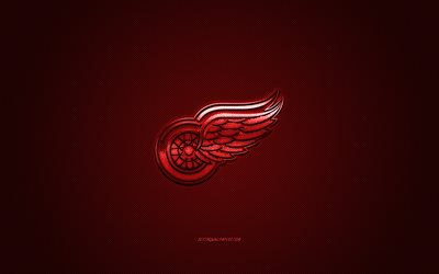 Detroit Red Wings, American hockey club, NHL, r&#246;d logo, red kolfiber bakgrund, hockey, Detroit, Michigan, USA, National Hockey League, Detroit Red Wings logotyp