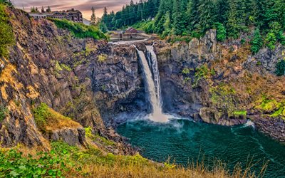 Snoqualmie Falls, 4k, rocks, beautiful nature, Washington, USA, America, HDR, Snoqualmie River
