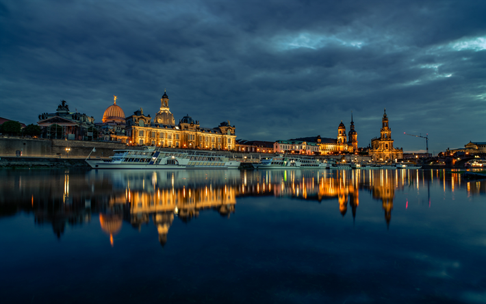 Dresden Cathedral, Elbe River, Dresden, evening, cityscape, sunset, city panorama, Saxony, Germany