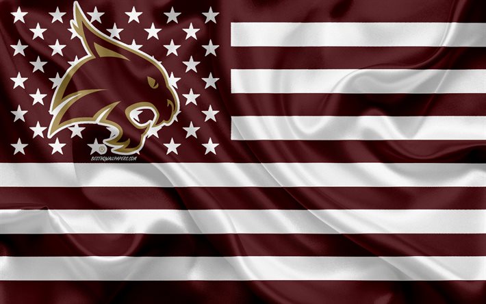 Texas State Bobcats, Amerikan futbolu takımı, yaratıcı Amerikan bayrağı, bordo beyaz bayrak, NCAA, San Marcos, Teksas, ABD, Texas State Bobcats logosu, amblem, ipek bayrak, Amerikan futbolu