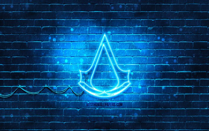 Assassins Creed logo blu, 4k, muro di mattoni blu, Assassins Creed logo, 2020 giochi, Assassins Creed neon logo, Assassins Creed