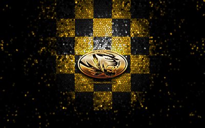 Missouri Tigers, glitter logo, NCAA, yellow black checkered background, USA, american football team, Missouri Tigers logo, mosaic art, american football, America