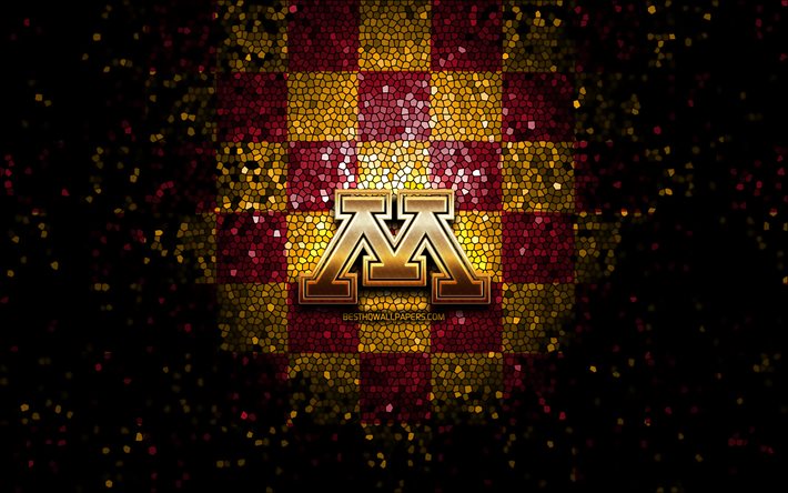 Minnesota Golden Gophers, glitter logotyp, NCAA, lila-gul rutig bakgrund, USA, amerikansk fotboll, Minnesota Golden Gophers logotyp, mosaik konst, Amerika