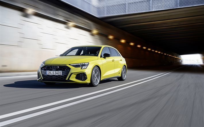 Audi S3 Sportback, 2021, n&#228;kym&#228; edest&#228;, ulkoa, keltainen viistoper&#228;, uusi keltainen S3, Saksan autoja, Audi