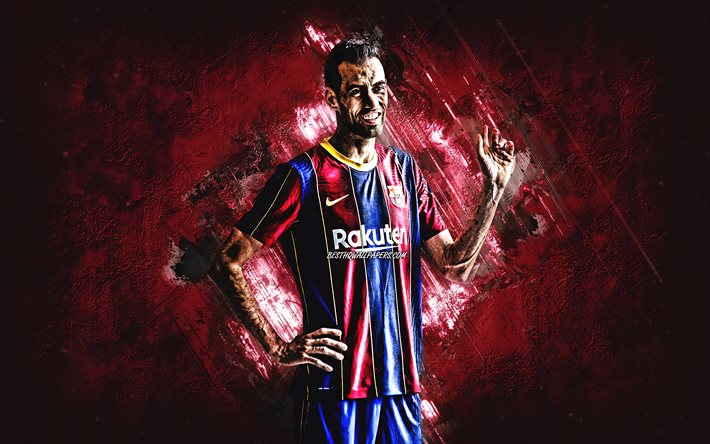 Sergio Busquets, FC Barcelona, Espanjan jalkapalloilija, keskikenttäpelaaja, viininpunainen kivi tausta, Liiga, jalkapallo