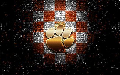 Clemson Tigers, glitter logo, NCAA, orange white checkered background, USA, american football team, Clemson Tigers logo, mosaic art, american football, America