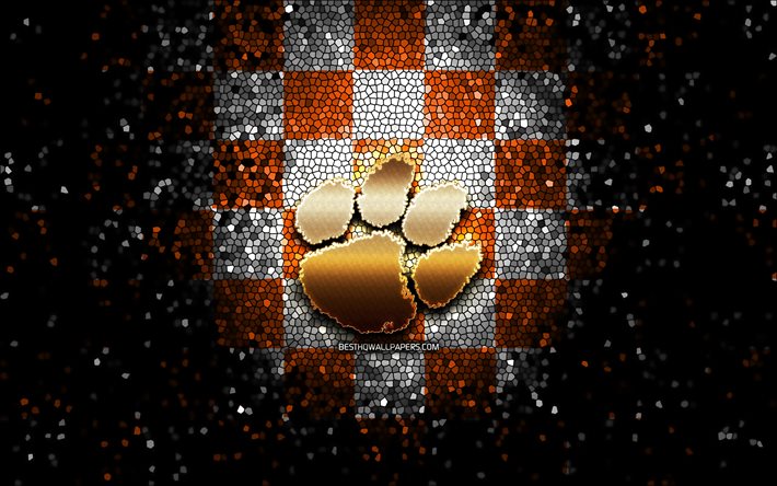 Clemson Tigers, paillettes logo, NCAA, orange, blanc, arri&#232;re-plan en damier, &#233;tats-unis, &#233;quipe de football am&#233;ricain, Clemson Tigers logo, l&#39;art de la mosa&#239;que, le football am&#233;ricain, l&#39;Am&#233;rique