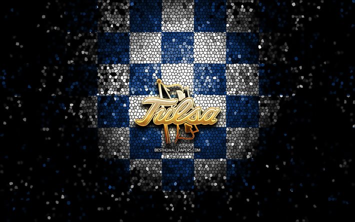 Tulsa Golden Hurricane, glitter logo, NCAA, blue white checkered background, USA, american football team, Tulsa Golden Hurricane logo, mosaic art, american football, America