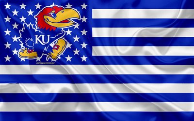Kansas Jayhawks, American football team, creative American flag, blue and white flag, NCAA, Lawrence, Kansas, USA, Kansas Jayhawks logo, emblem, silk flag, American football
