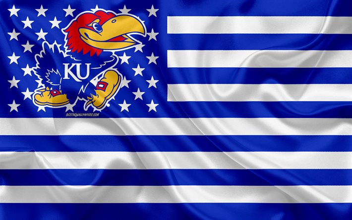Kansas Jayhawks, equipo de f&#250;tbol Americano, creativo, bandera Estadounidense, blanco y azul de la bandera, de la NCAA, Lawrence, Kansas, estados UNIDOS, Kansas Jayhawks logotipo, emblema, bandera de seda, el f&#250;tbol Americano