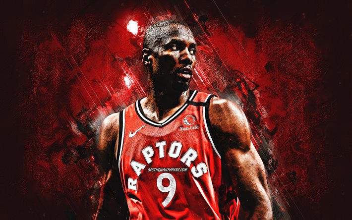 Serge Ibaka, NBA, Toronto Raptors, la pierre rouge de fond, espagnol, Joueur de Basket-ball, portrait, etats-unis, le basket-ball, des Raptors de Toronto joueurs
