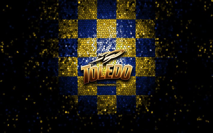 Toledo Foguetes, glitter logotipo, NCAA, azul amarelo fundo quadriculado, EUA, time de futebol americano, Toledo Foguetes logotipo, arte em mosaico, futebol americano, Am&#233;rica