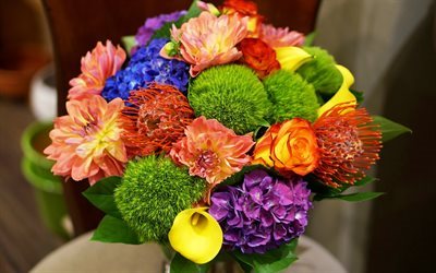 bridal bouquet, bright colors, calla lilies, dahlias, roses, hydrangea, colorful flowers