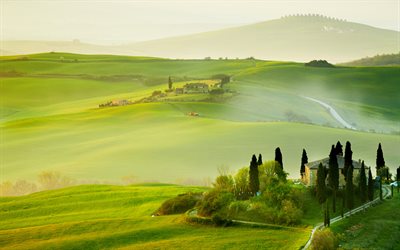 Toscana, 4k, dimma, sommar, kullar, Europa, Italien