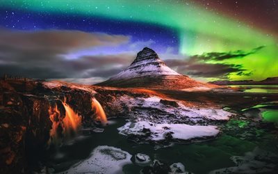 dağlar, kayalar, gece, şelaleler, Kuzey ışıkları, İzlanda, Kirkjufell