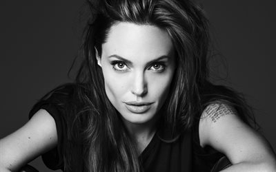 Angelina Jolie, American singer, portrait, monochrome, black and white photo, black dress, beautiful woman