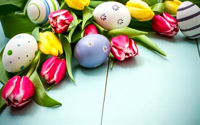 Happy Easter, eggs, pink tulips, spring flowers, spring, Easter