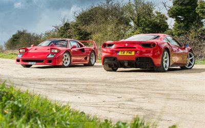 Ferrari F40, red sports cars, supercars, Italian cars, Ferrari 488 GTB