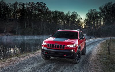 Jeep Cherokee Trailhawk, Katumaasturit, 2018 autoja, aamulla, offroad, Cherokee Trailhawk, Jeep