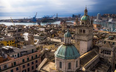 Genoa, Centro Congressi, Liguria, Italy, Ligurian Sea, seaport, old houses, container ships
