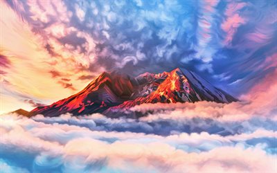 vuoret, 4k, art, pilvi, vuorten huiput