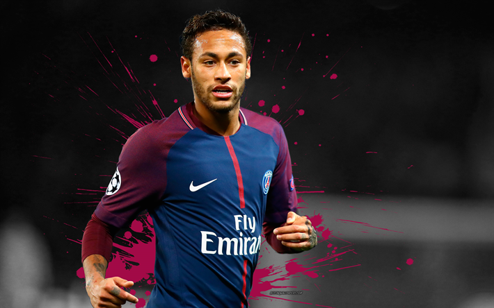 4k, Neymar, grunge, PSG, fotboll, fotboll stj&#228;rnor, Ligue 1, Paris Saint-Germain, konst, fotbollsspelare, Neymar JR