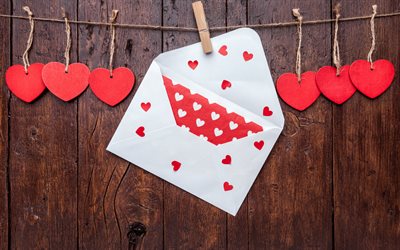 Valentines Day, romantic letter, red hearts, rope, wooden boards