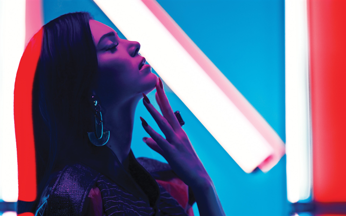 Kendall Jenner, neon ışık, profil, portre, fotoğraf &#231;ekimi, Amerikan modeli