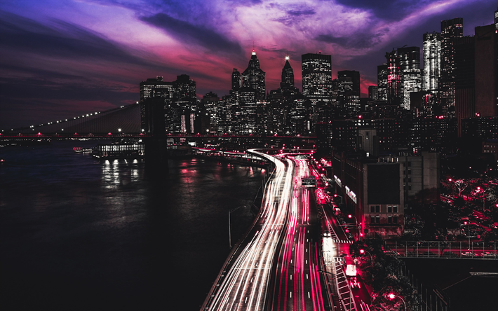 4k, Manhattan, feux de circulation, la route de nuit, New York, &#233;tats-unis, en Am&#233;rique, &#224; new york