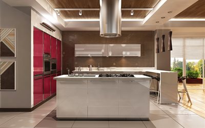 modern kitchen design, minimalism, glossy surfaces, modern interior