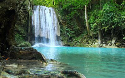 cachoeira, floresta, lago azul, &#225;rvores verdes, belas cachoeiras