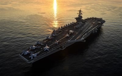 USS John C Stennis, CVN-74, deck of an aircraft carrier, fighter aircraft, US Navy, American warship, sunset, ocean