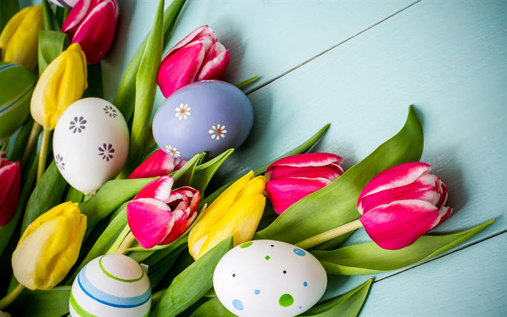 Paskalya, Lale, bahar &#231;i&#231;ekleri, boyalı yumurta, mavi kartları, Paskalya dekorasyon