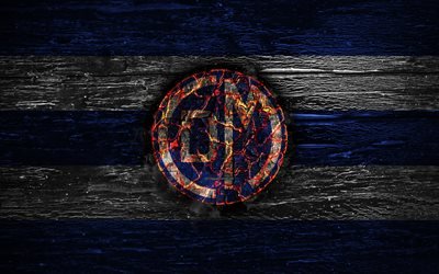 Deportivo Municipal FC, fire logo, Peruvian Primera Division, blue and white lines, Peruvian football club, grunge, football, soccer, Deportivo Municipal logo, wooden texture, Peru