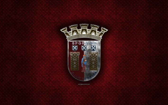 SC Braga, Portuguese football club, red metal texture, metal logo, emblem, Braga, Portugal, Primeira Liga, Liga NOS, creative art, football