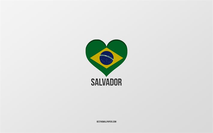 I Love Salvador, villes br&#233;siliennes, fond gris, Salvador, Br&#233;sil, coeur de drapeau br&#233;silien, villes pr&#233;f&#233;r&#233;es, Amour Salvador